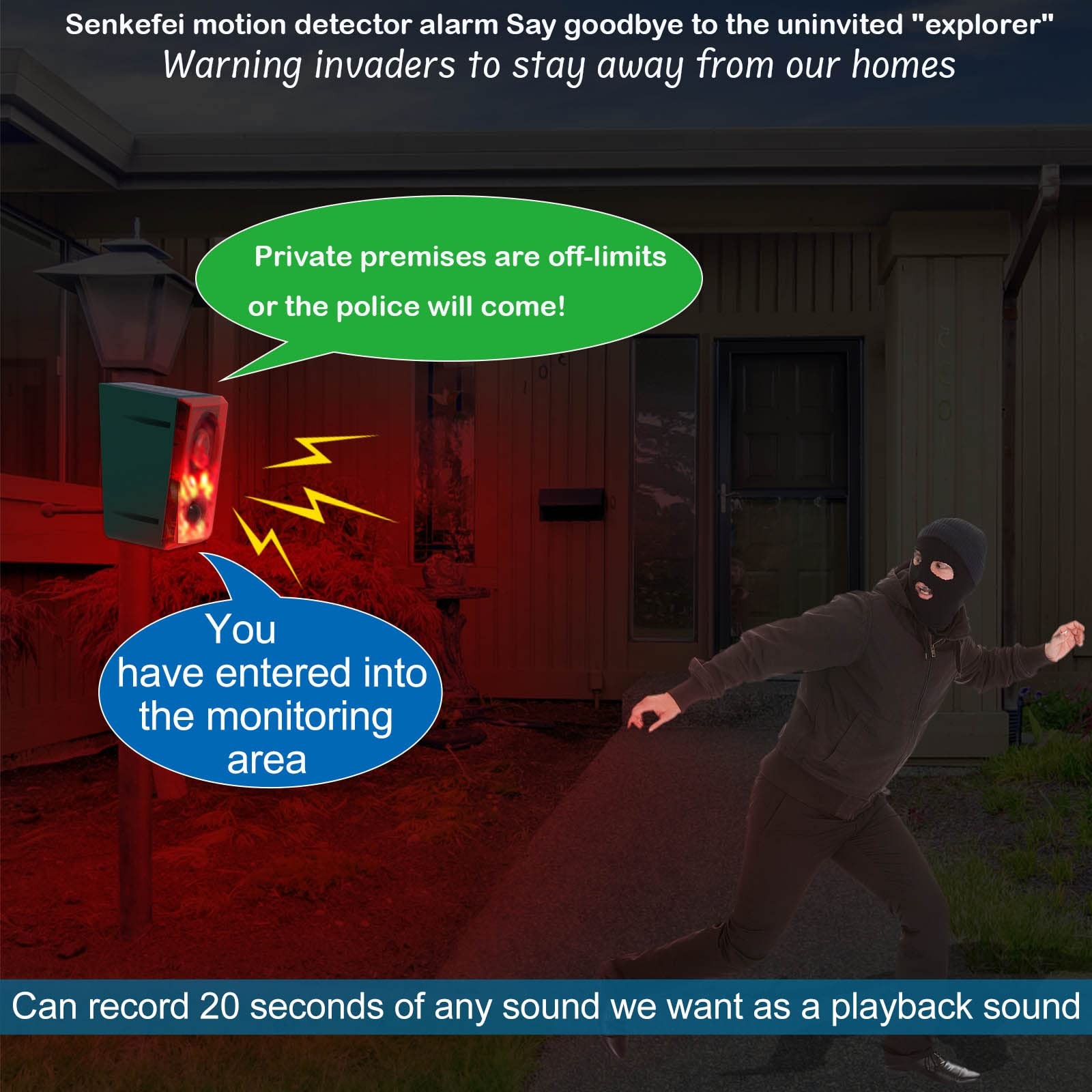 Motion Sensor Alarm Dog Barking Gunshot Sound 130db Motion Detector Alarm Lig