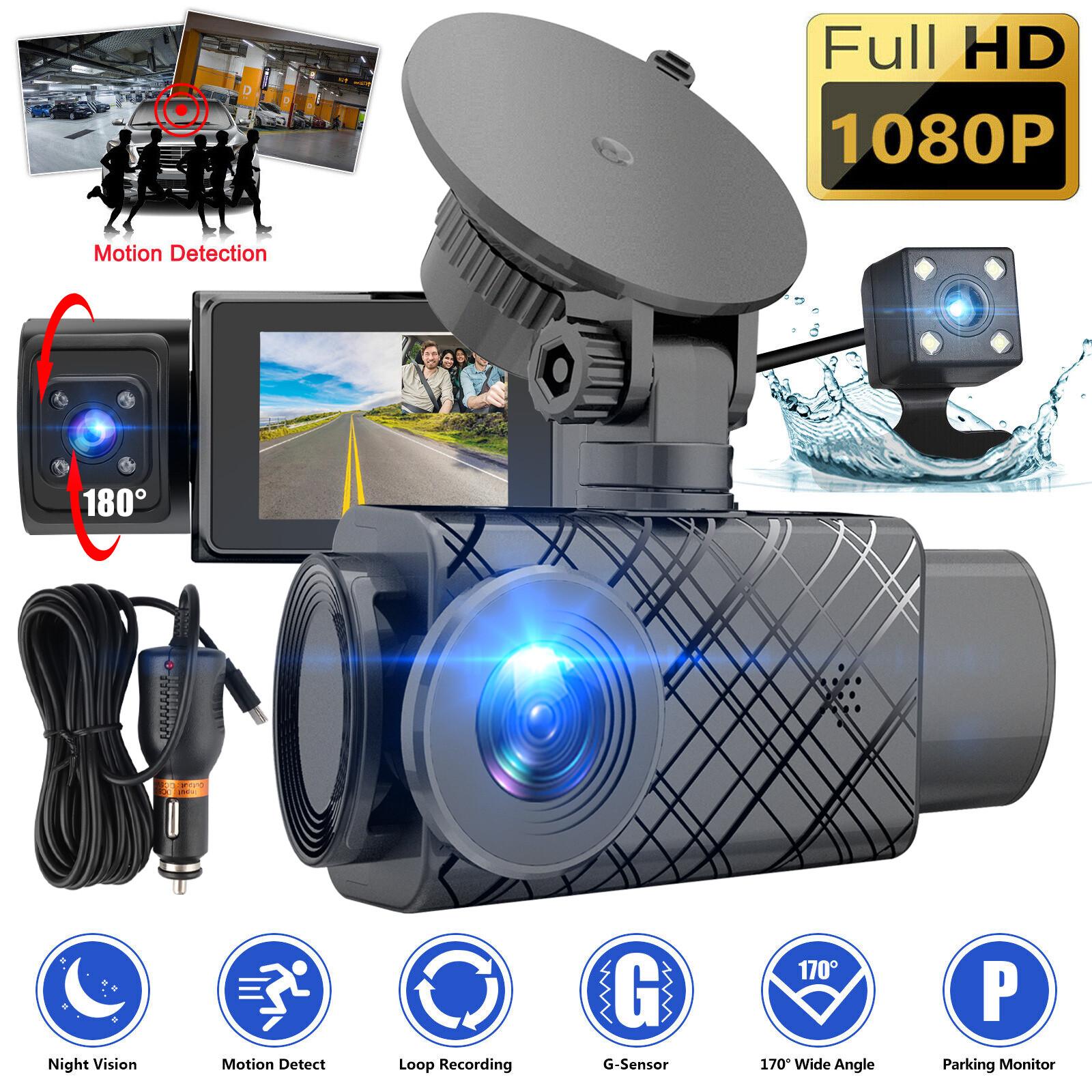 170° HD 1080P Car Dash Camera 3Len Front/Inside/Rear Cam Video Recorder G-Sensor