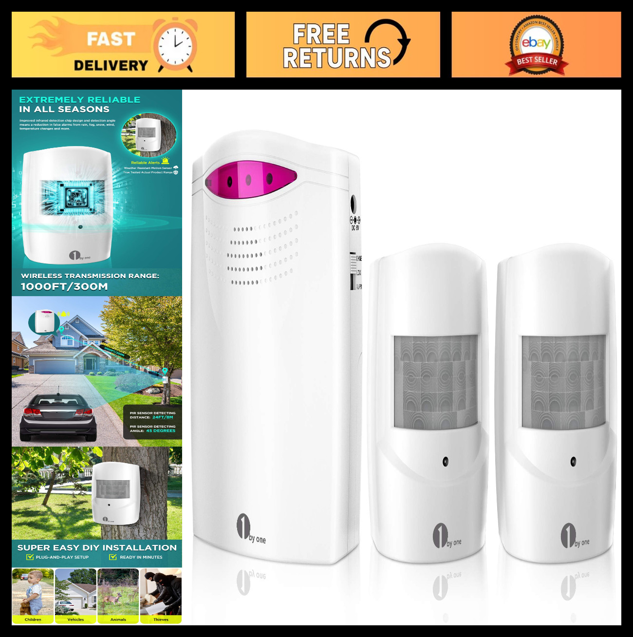 Wireless Driveway Alarm System – 1 Receiver & 2 Infrared Sensors, 1000ft Range,
