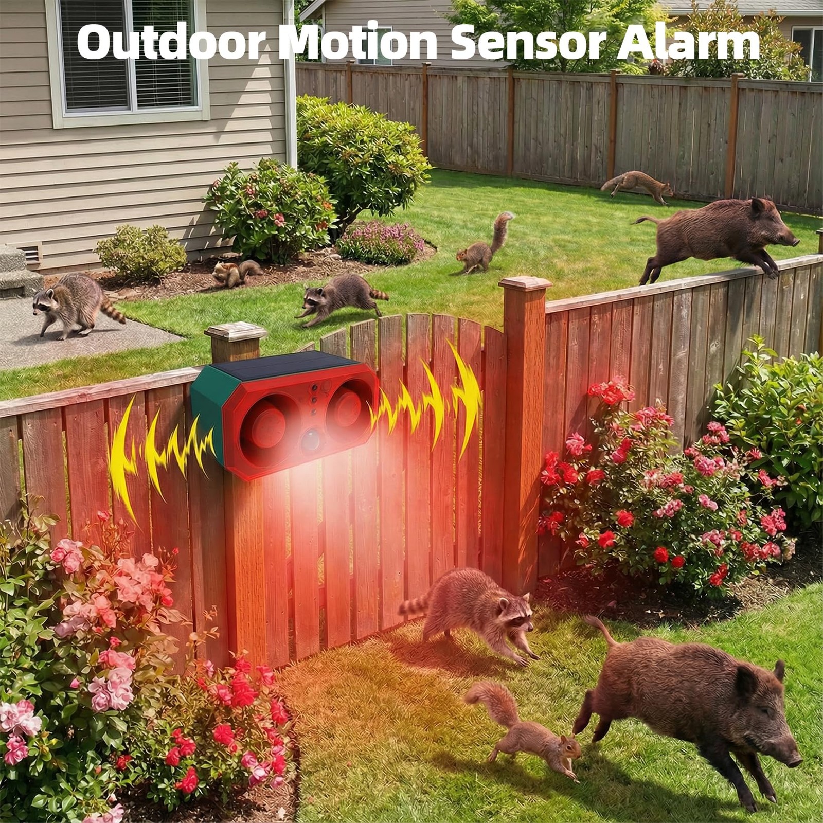 Solar-Outdoor Motion Sensor Alarm: Coyote Deterrent 130dB Dual Speakers Sound…