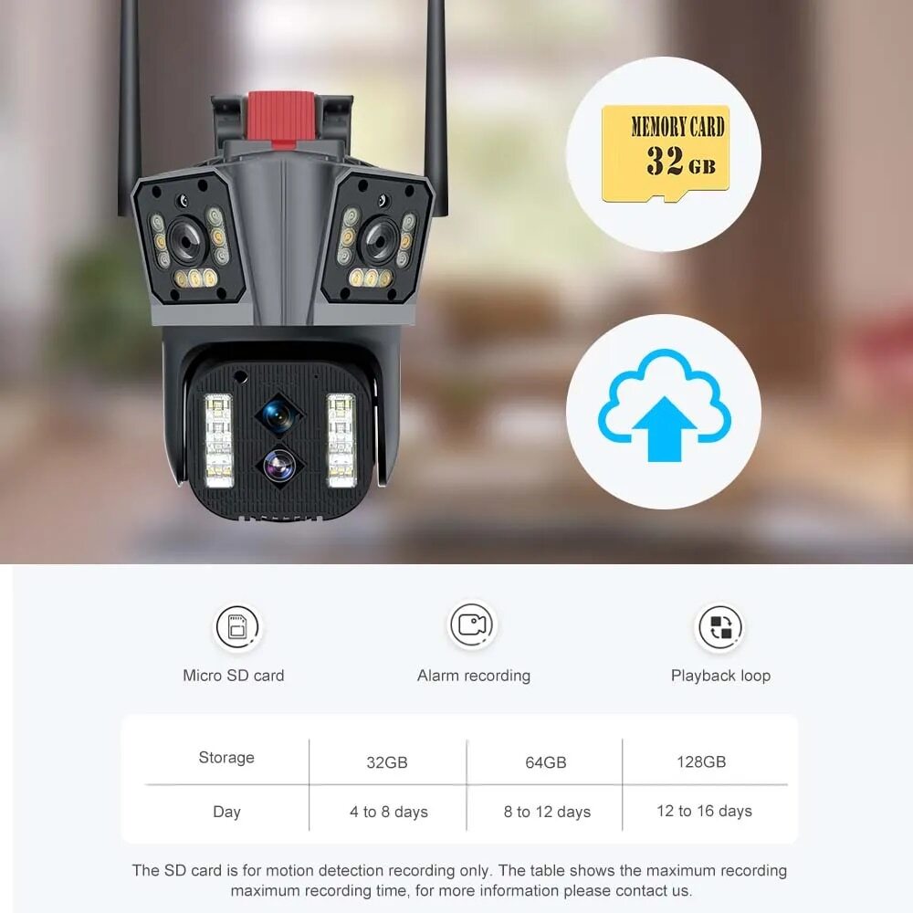 16MP 8K Four Lens IP Camera 10X Zoom PTZ WiFi Security Auto Tracking CCTV IR Cam