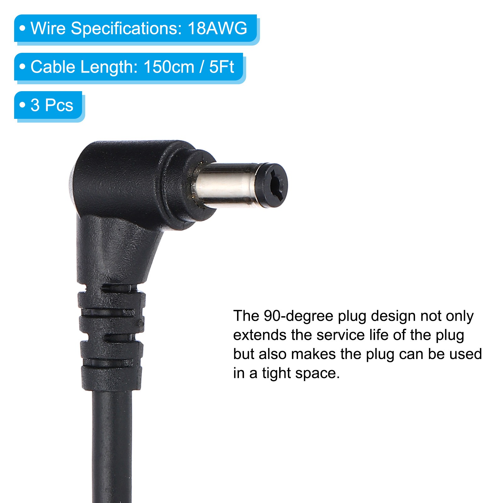 3 Pcs 5Ft Male to Male Plug 5.5 x 2.1mm 90 Degree DC Power Cable Black