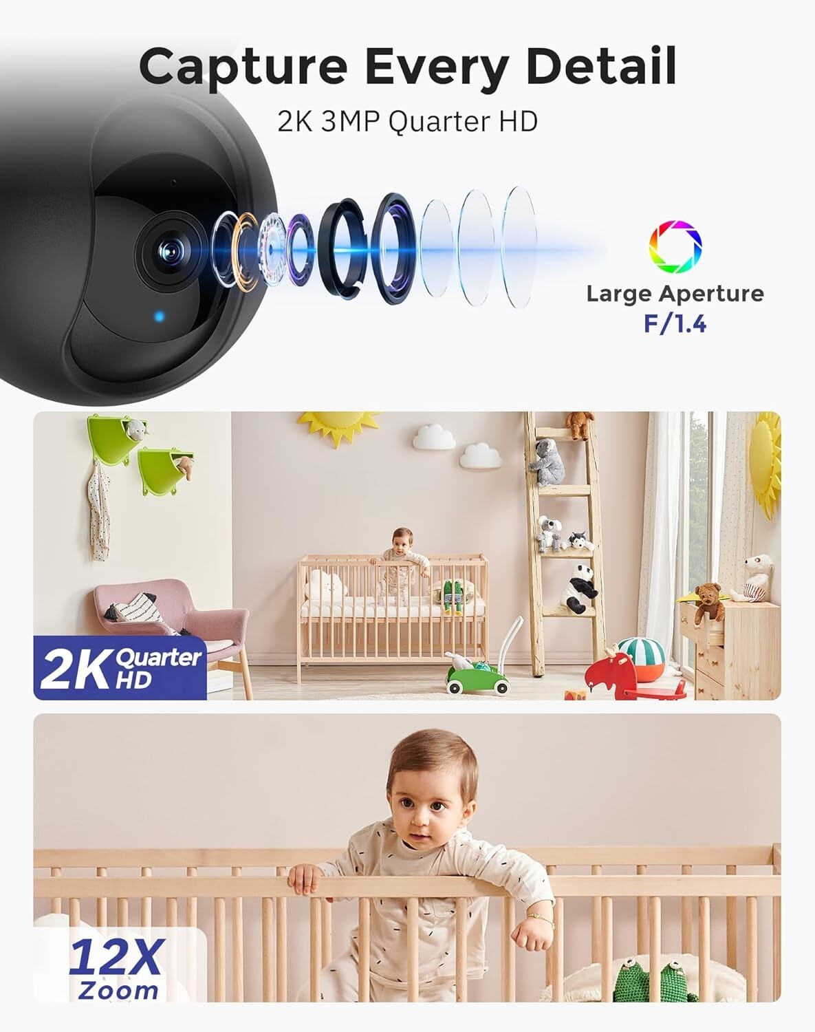 Hugolog 2K 3MP Indoor Pan/Tilt Security Camera with Auto-Focus,Ideal for Baby