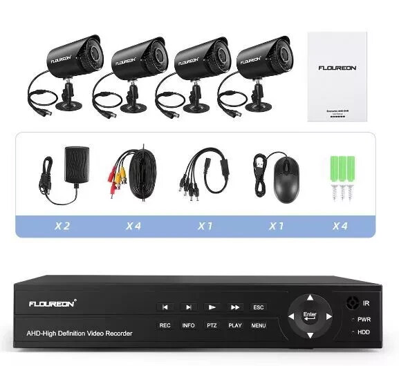 Floureon Security Camera NTSC System 4 AHD Cameras, 720P, 8CH DVR