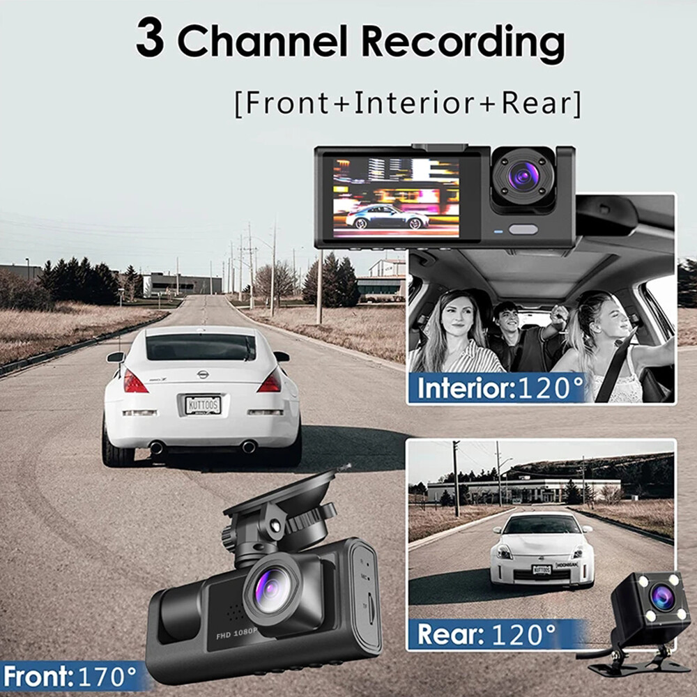 FHD 1080P Car 3 Lens Dash Cam Front/Rear/Inside Video Recorder Camera G-sensor