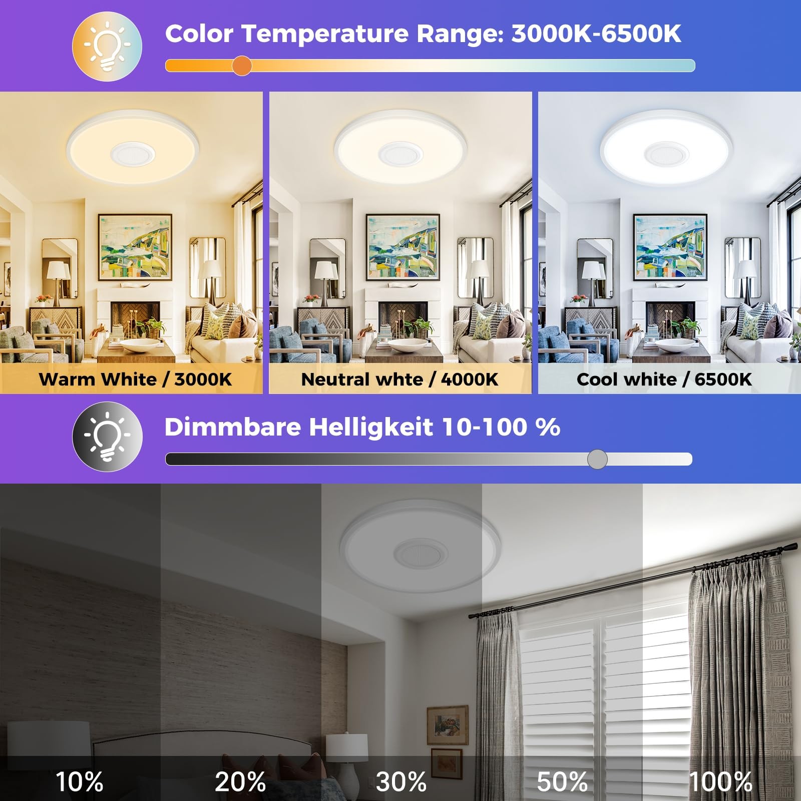 Zemty RGB Ceiling Light with Bluetooth 12in-1 Pack, White-Bluetooth Speaker