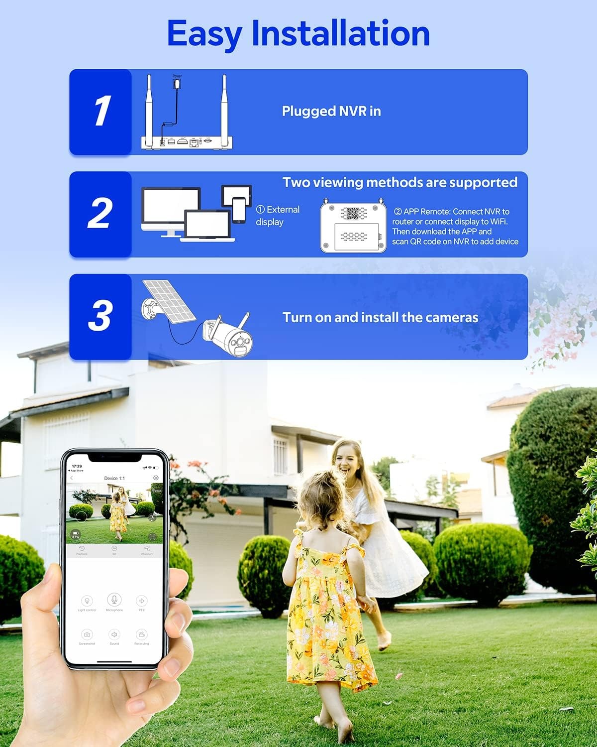 Solar Powered Wireless Security Camera System 6PCS Wire-Free Camera & NVR 500GB