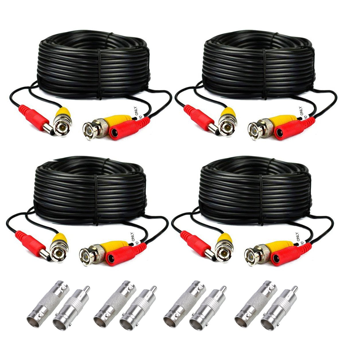 4-Pack 125Ft Black Pre-Made All-In-One BNC Male to Male Video and Power Cable wi