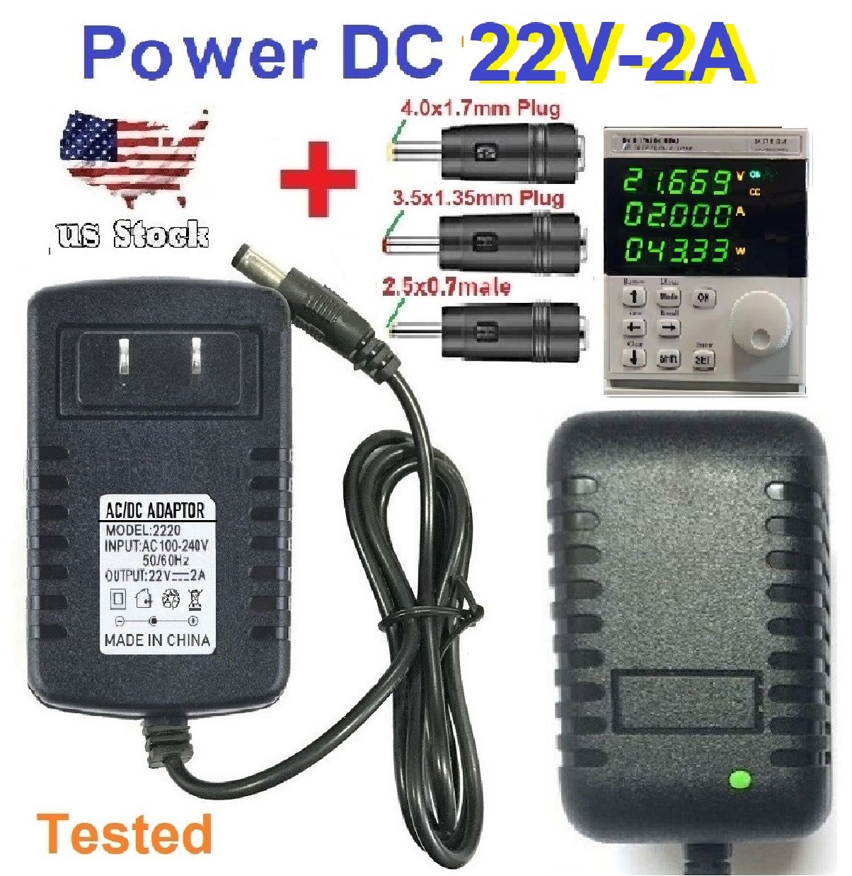 22V 2A AC/DC Adapter Power Supply Charger with 5.5×2.1mm +3 DC Power Plug Tips