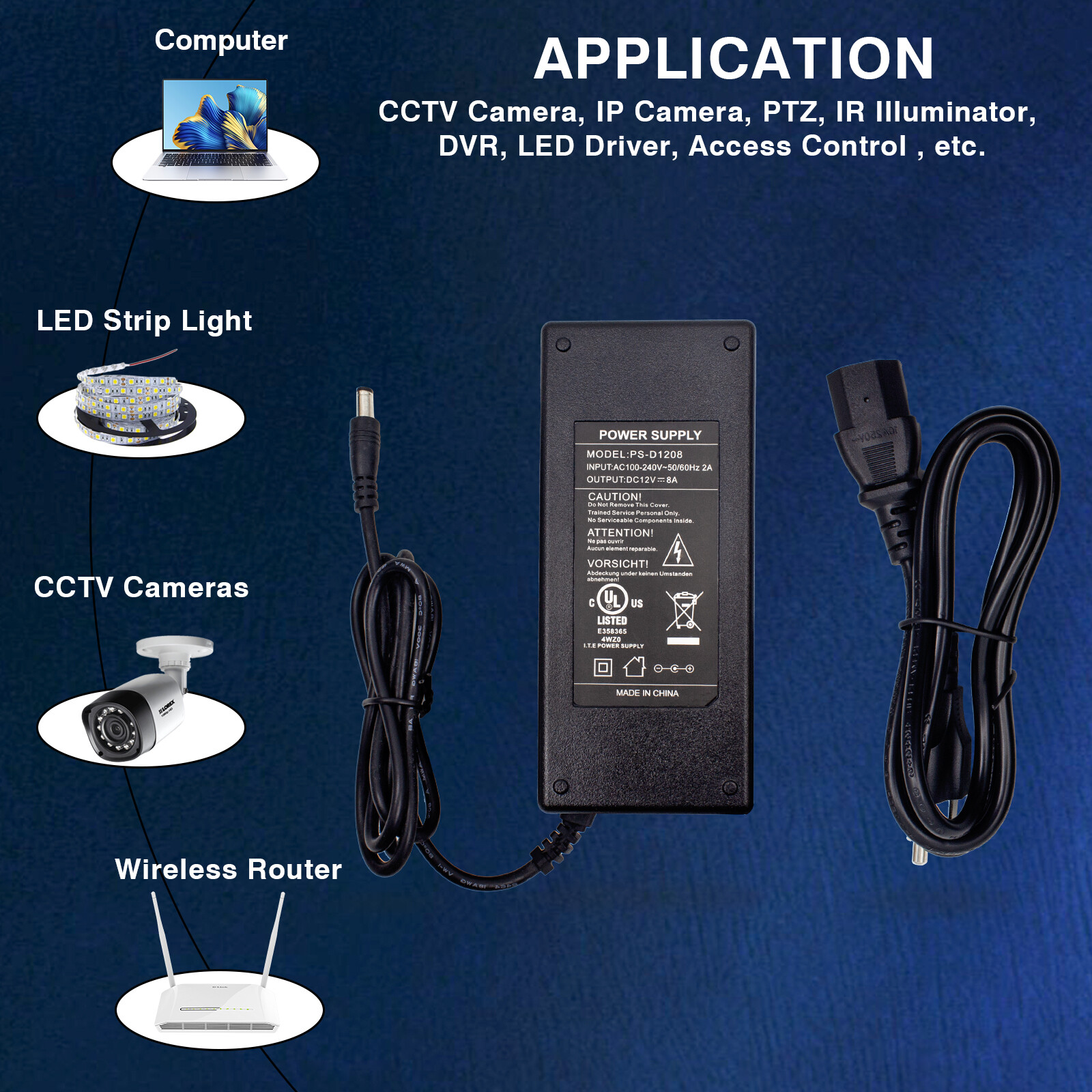 UL LISTED DC 12 V Volts 8 A 8 Amp 96 W Power Supply Adapter Charger Cord