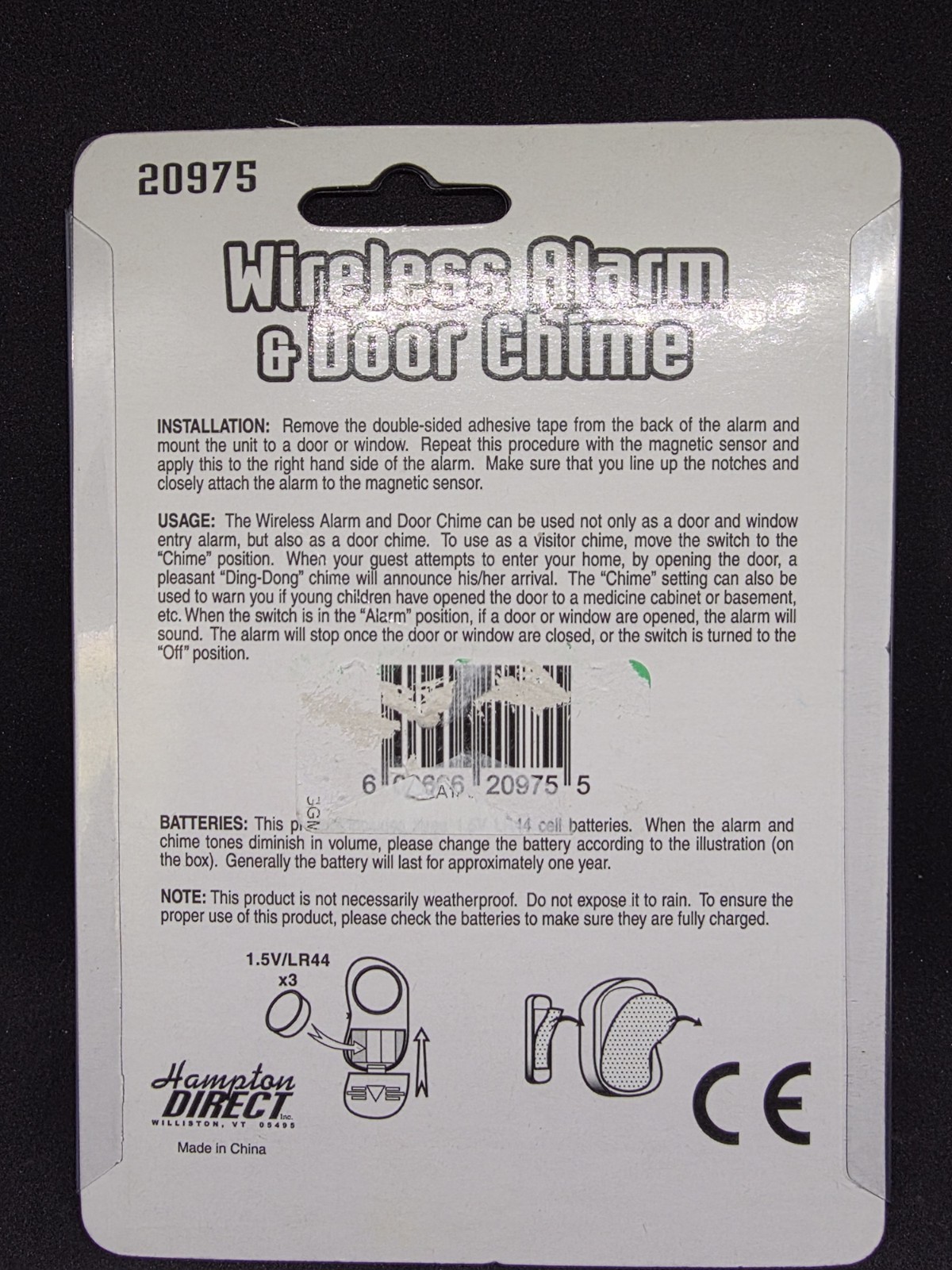 Wireless Door Chime & Home Security Alarm 20975 Peel &Stick Battery Install NIP