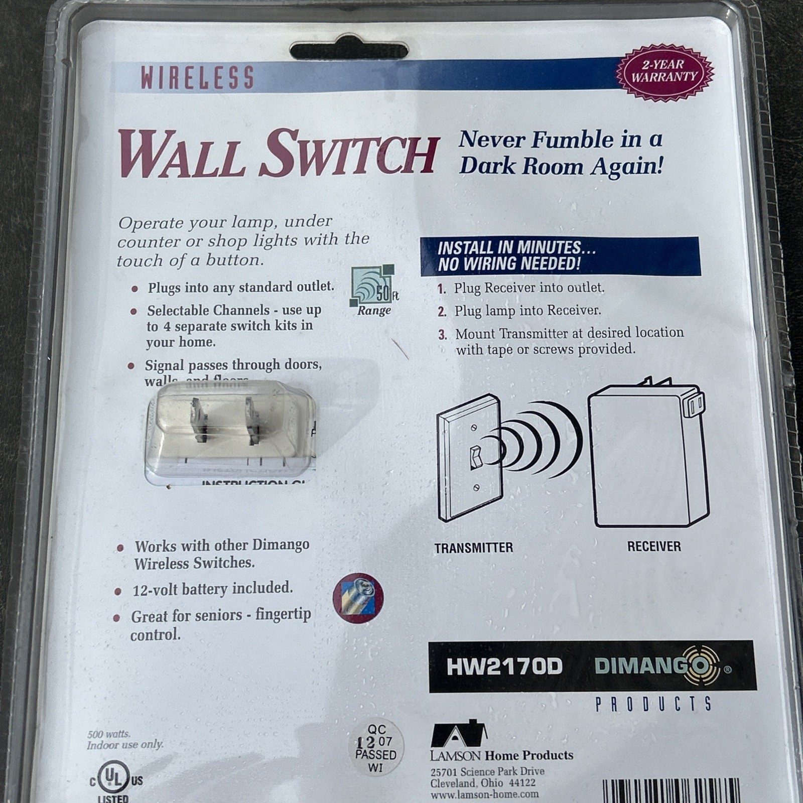 NOS Dimango Wireless Wall Switch Remote ON OFF Control 50′ Range HW2170D