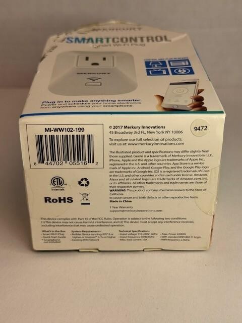 Mercury Smart Control Smart Wi-Fi Plug MI-WW102-199 Alexa Apple Google Play