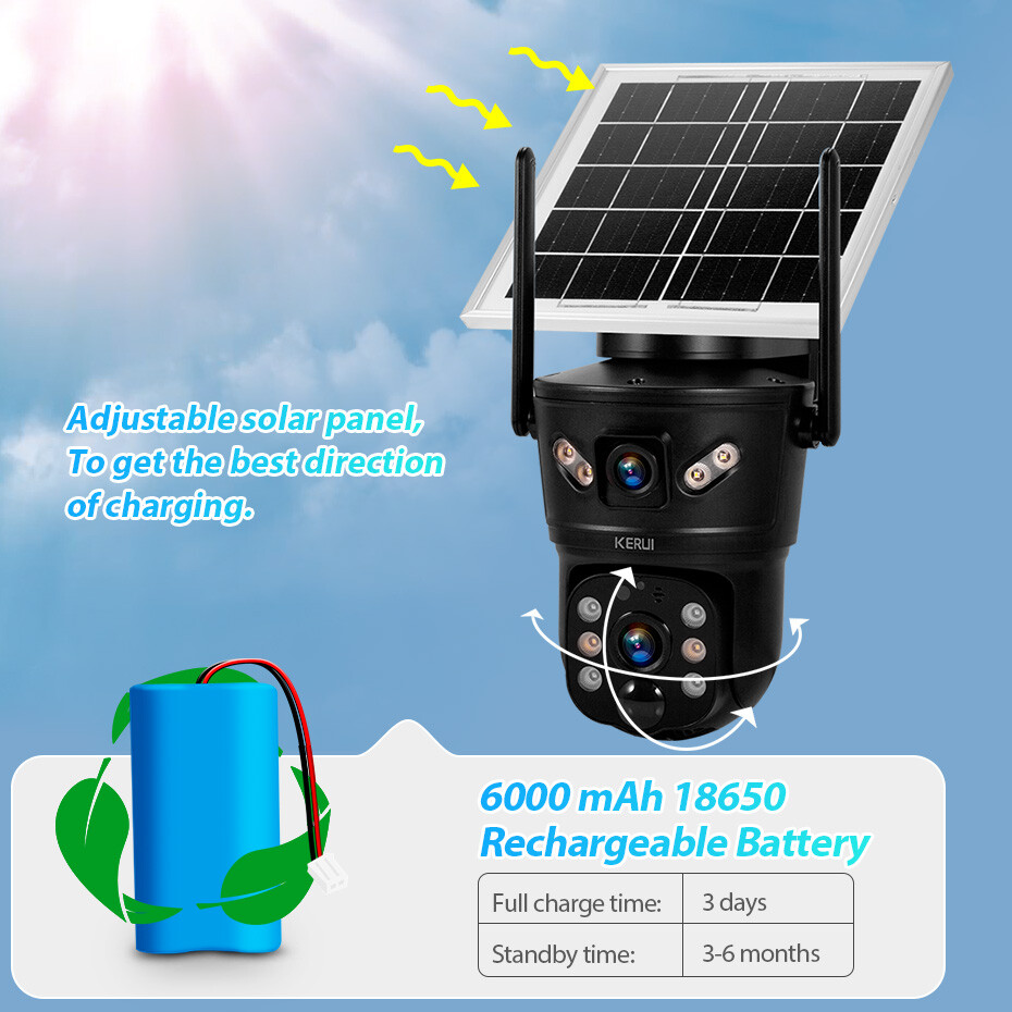 6MP Solar Dual Lens Wireless Security Camera Outdoor WiFi Cam With 128GB SD Card