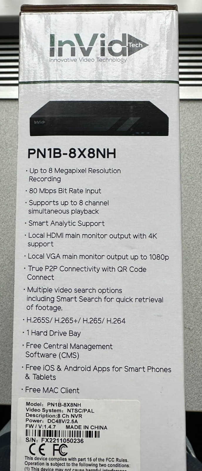 NEW Invid Tech PN1B-8X8NH 2TB 8 Channel NVR HDMI/VGA Out 2TB Hard Drive
