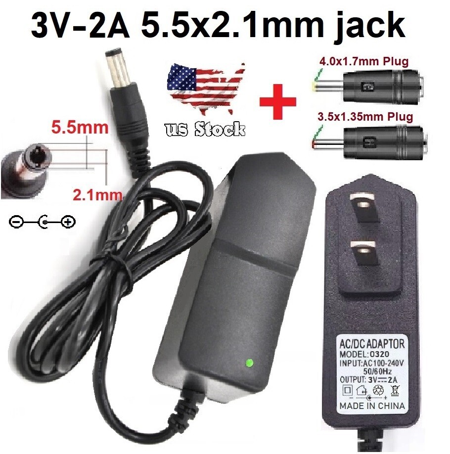 3V 2A AC Adapter DC Power Supply Charger Cord 5.5×2.1mm with 2DC Plug Tips