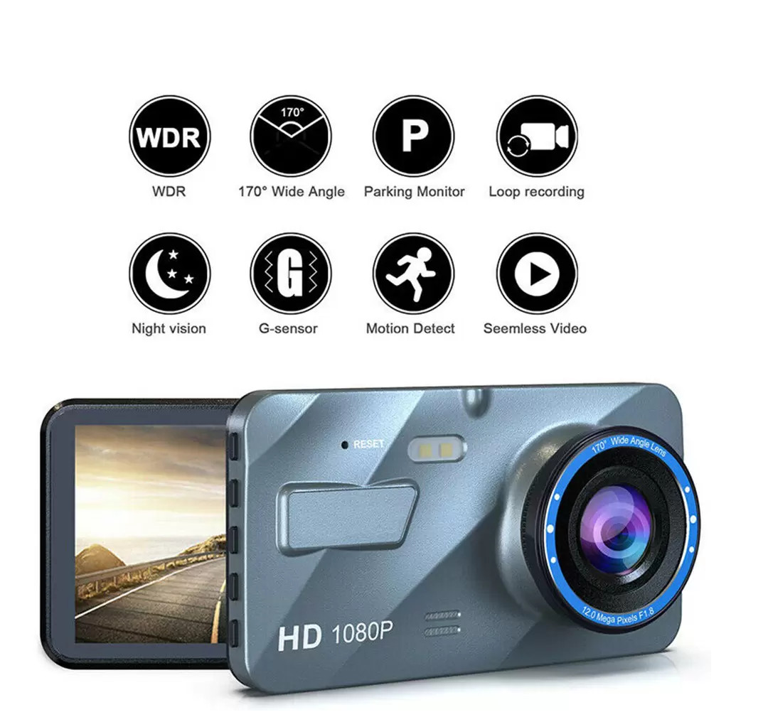 Touch Screen Dash Cam 4″ 1080P Dual Lens Car DVR Recorder Front and Rear Camera