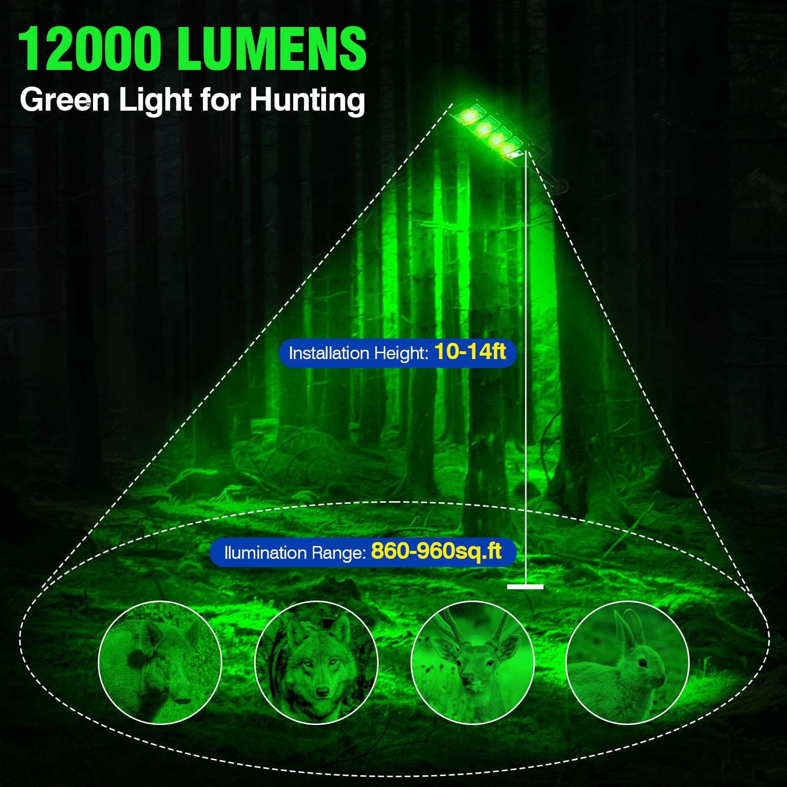 Hog Lights for Night Hunting, 12000LM Solar Green Hunting Light 1 Pack, Black