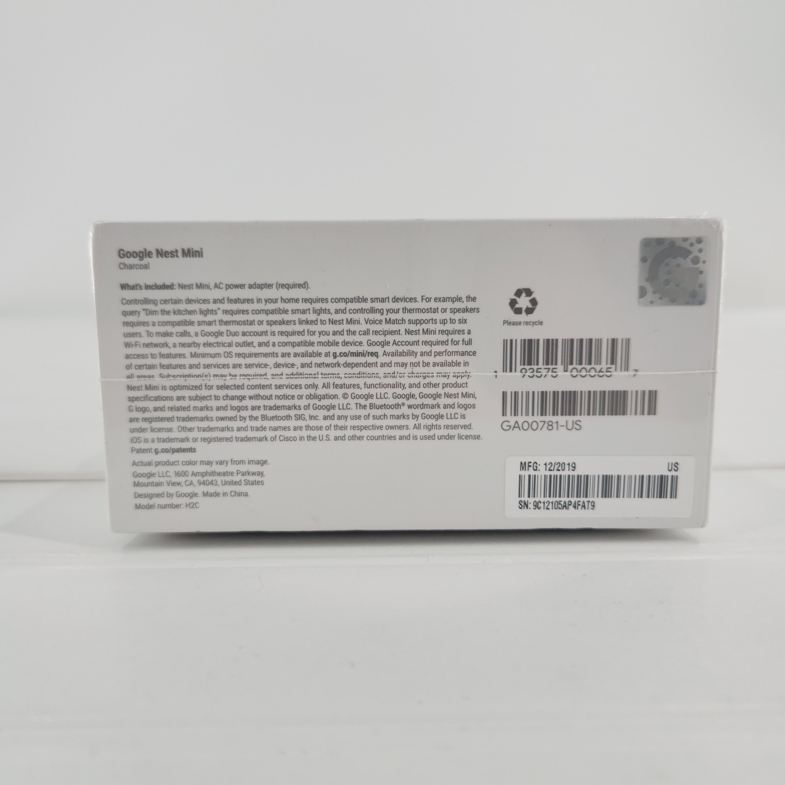 Google Nest Mini 2nd Gen Smart Speaker Charcoal Sealed New GA00781-US
