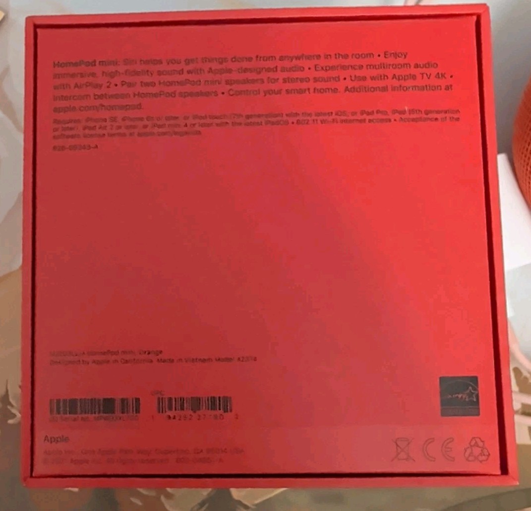 Apple HomePod mini Smart Speaker – Orange A2374 W/ Extra Smart Plugs, Box, Plug