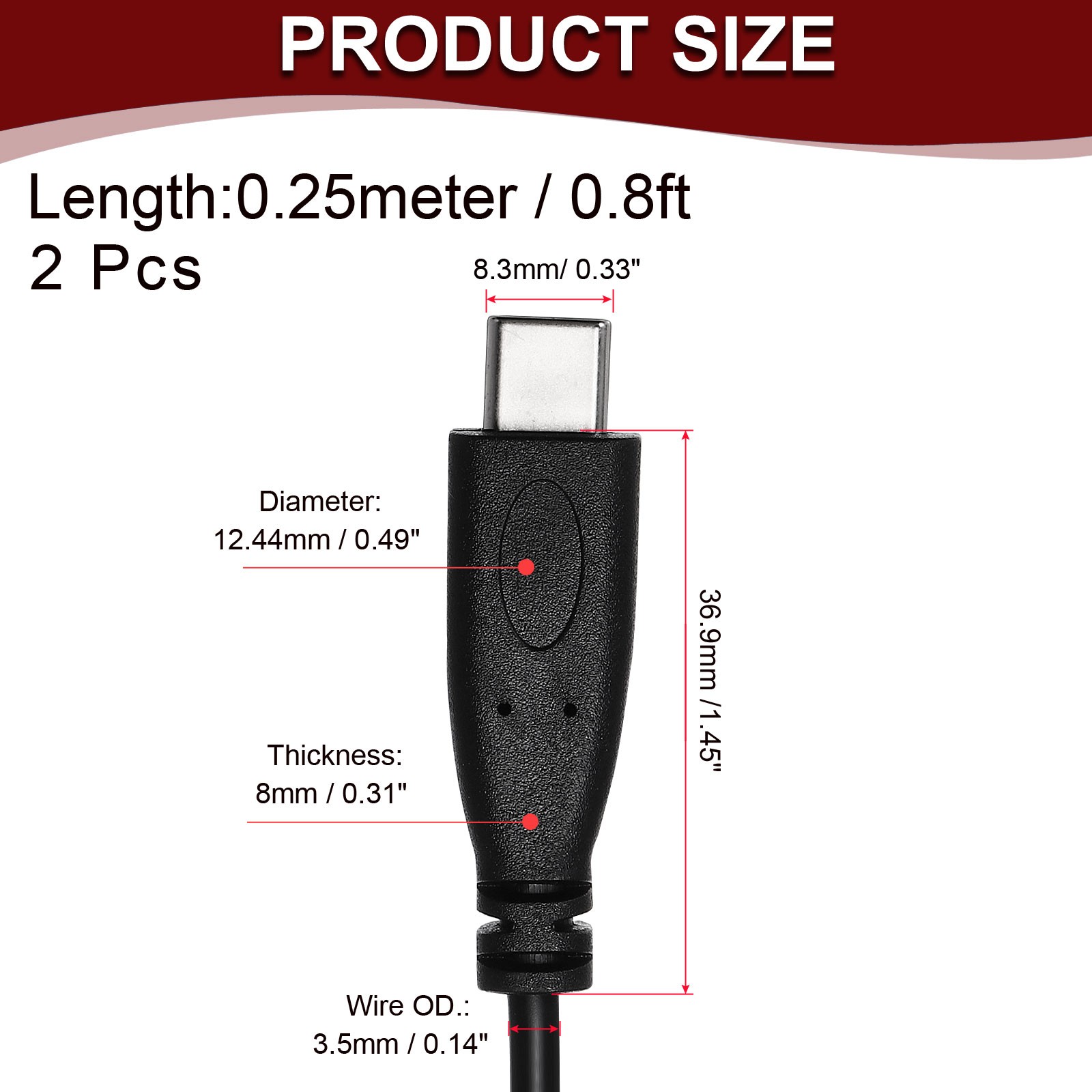 0.25M/0.8Ft USB C Male Plug Bare Wire Cable 22AWG 12V 3A 2 Pin 2Pcs