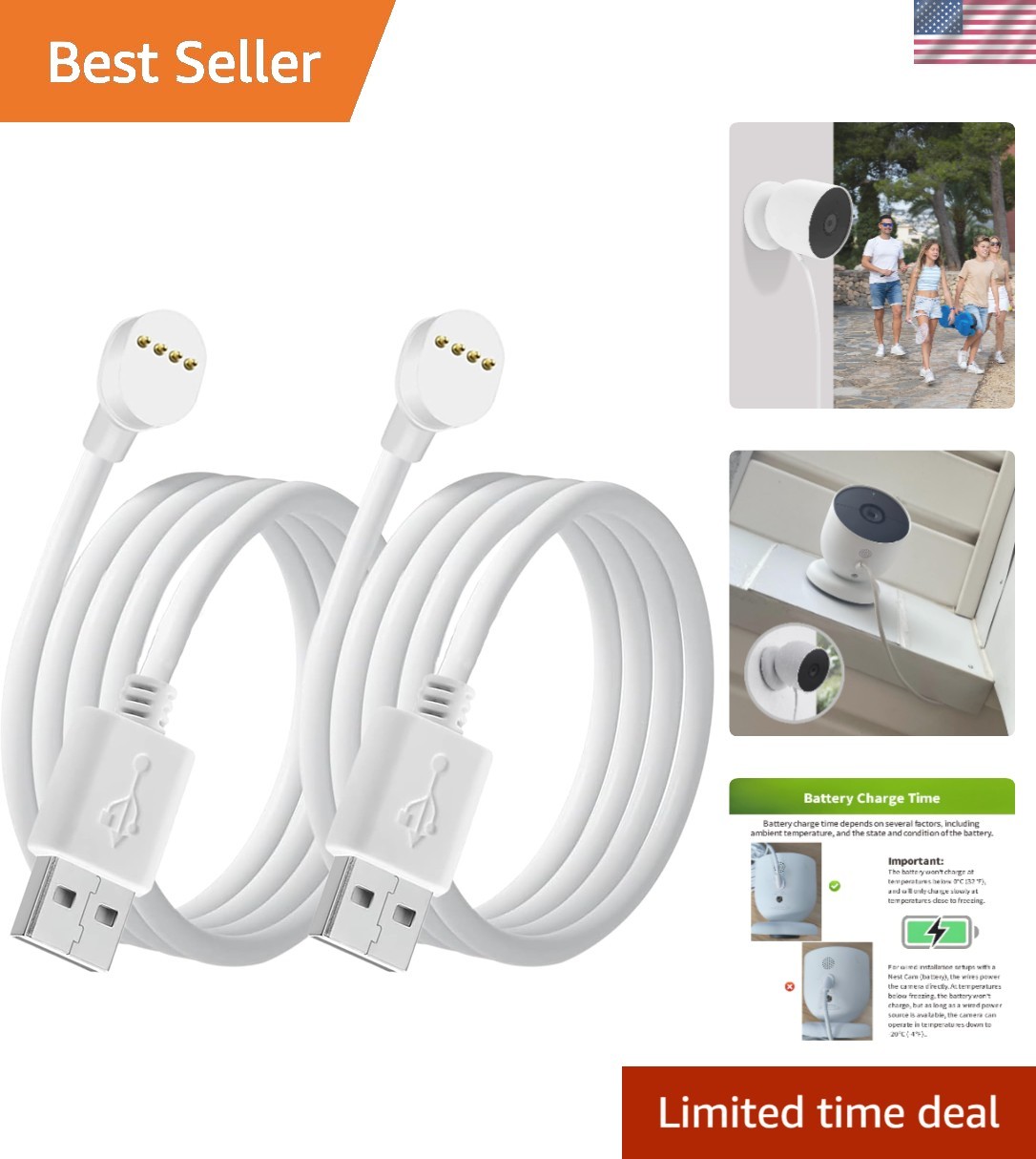 2 Pack 20Ft/6M Power Cord for Google Nest Cam (Battery) Only,Replacement Cable,W