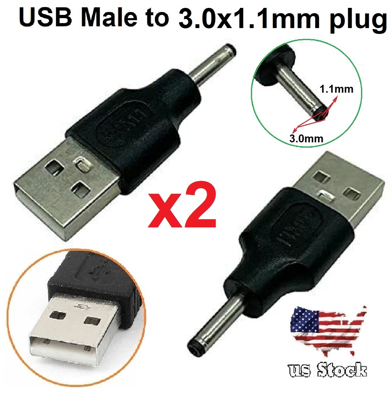 2x USB 2.0 A Male To 3.0×1.1mm Male Plug 5V DC Power Supply Adapter Connector