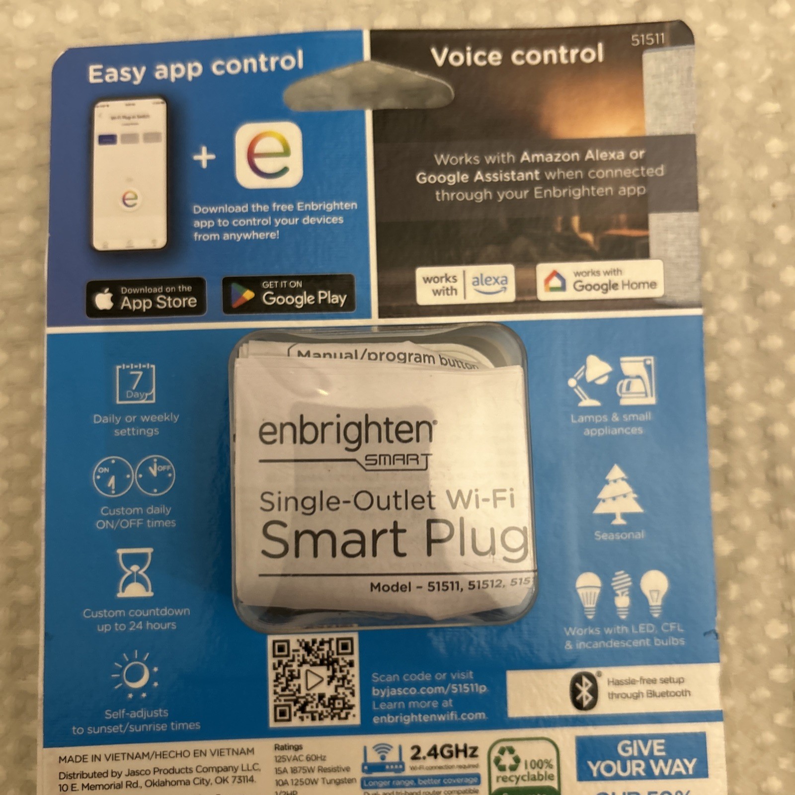 New – Enbrighten Smart Plug Single-Outlet Wi-Fi – 2.4GHz – Mobile Voice Control