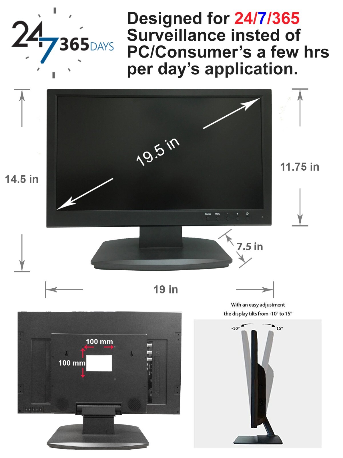 1PV 19.5″ 5MP Super HD 16:9 Professional Security Monitor, 1 HDMI, BNC