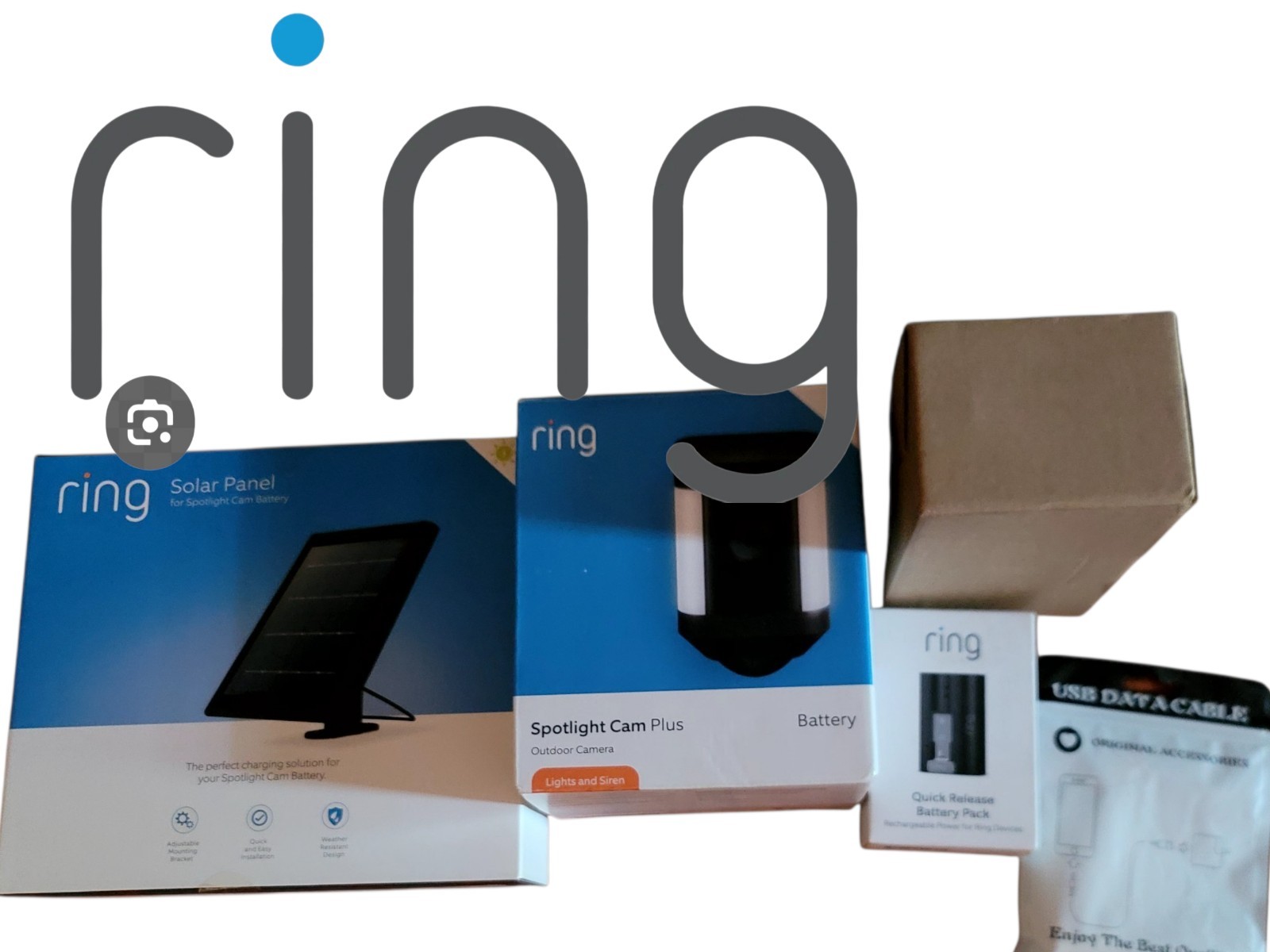 Ring Spotlight Cam Plus Bundle 2 x Batterys+Solar Panel+Gutter Mount Free Ship!