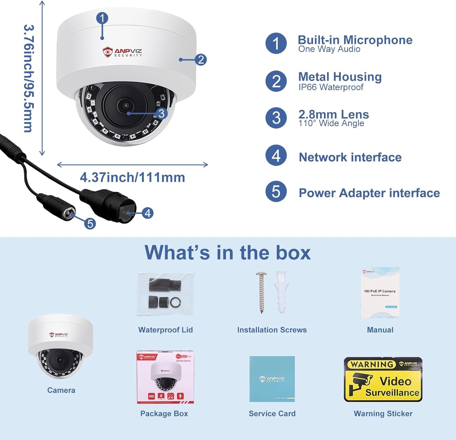 4MP PoE Dome Camera Outdoor Indoor Night Vision Waterproof Mic Wi-Fi