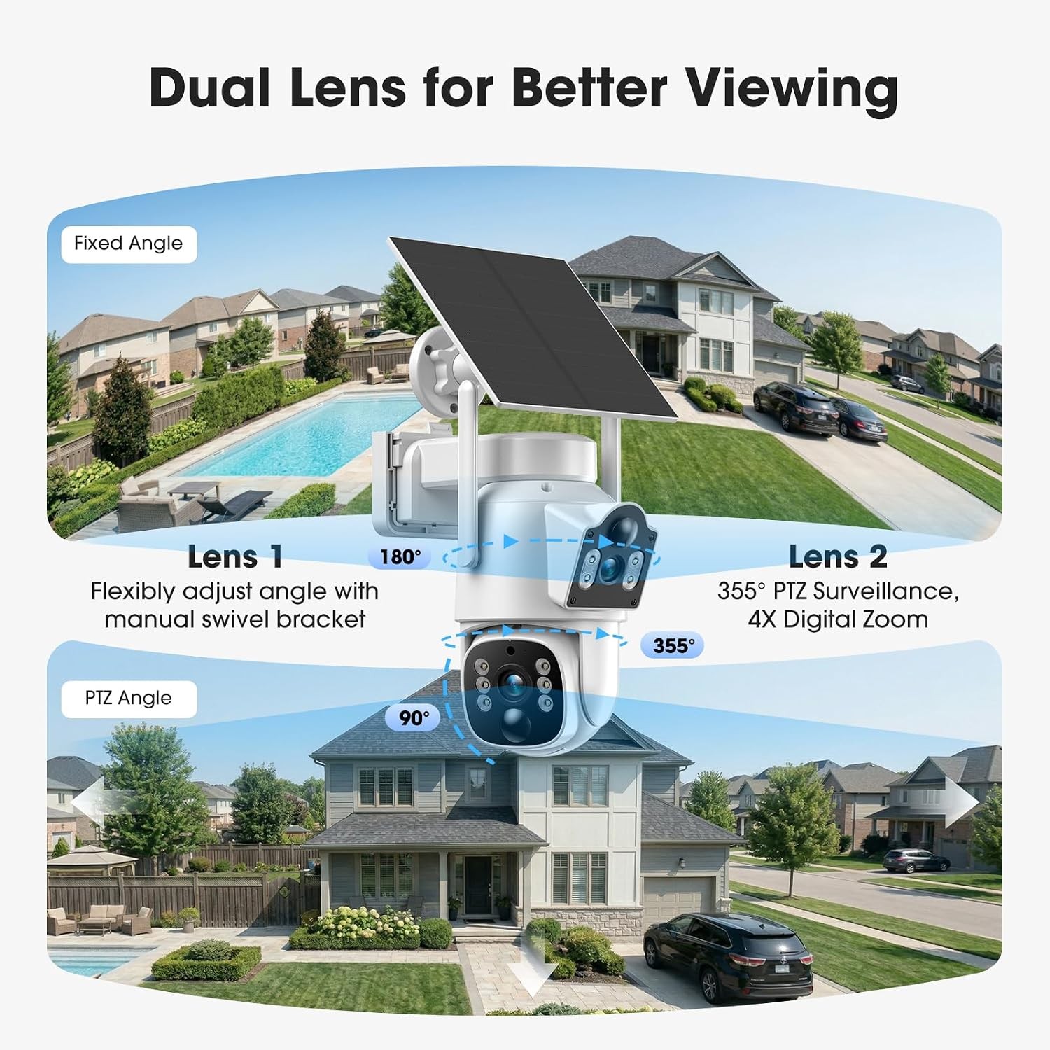 4X Solar Cameras Dual Lens 8-Screen View Outdoor Wireless Security Camera System