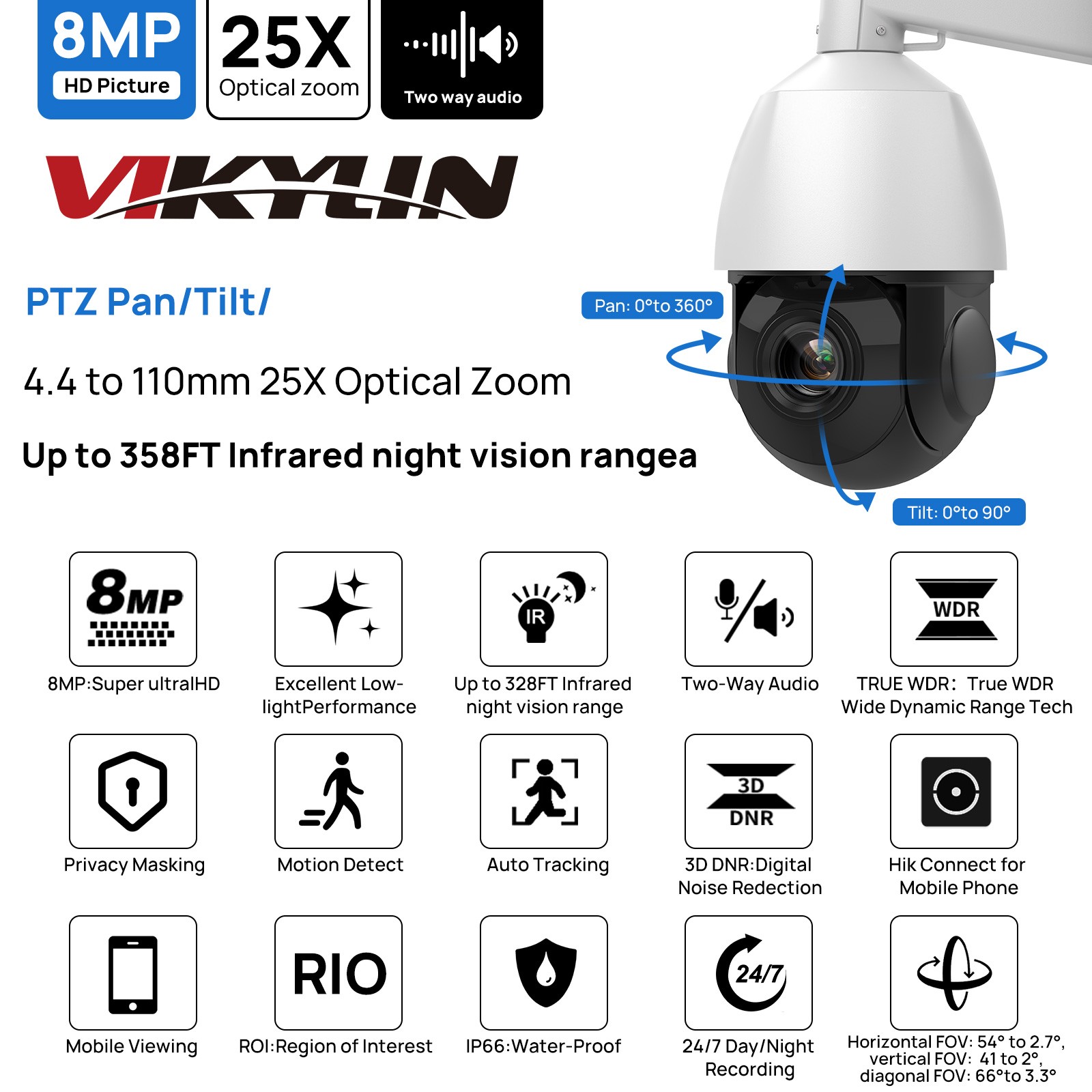 VIKYLIN 25×ZOOM 360 degree IR50M 8MP 4K ptz CAMERA Viewer App POE Tracking lot