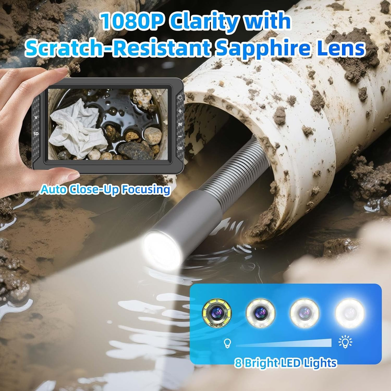 100FT Sewer Camera, 5″ HD Display, 8 LED Lights, Waterproof, 32GB Card