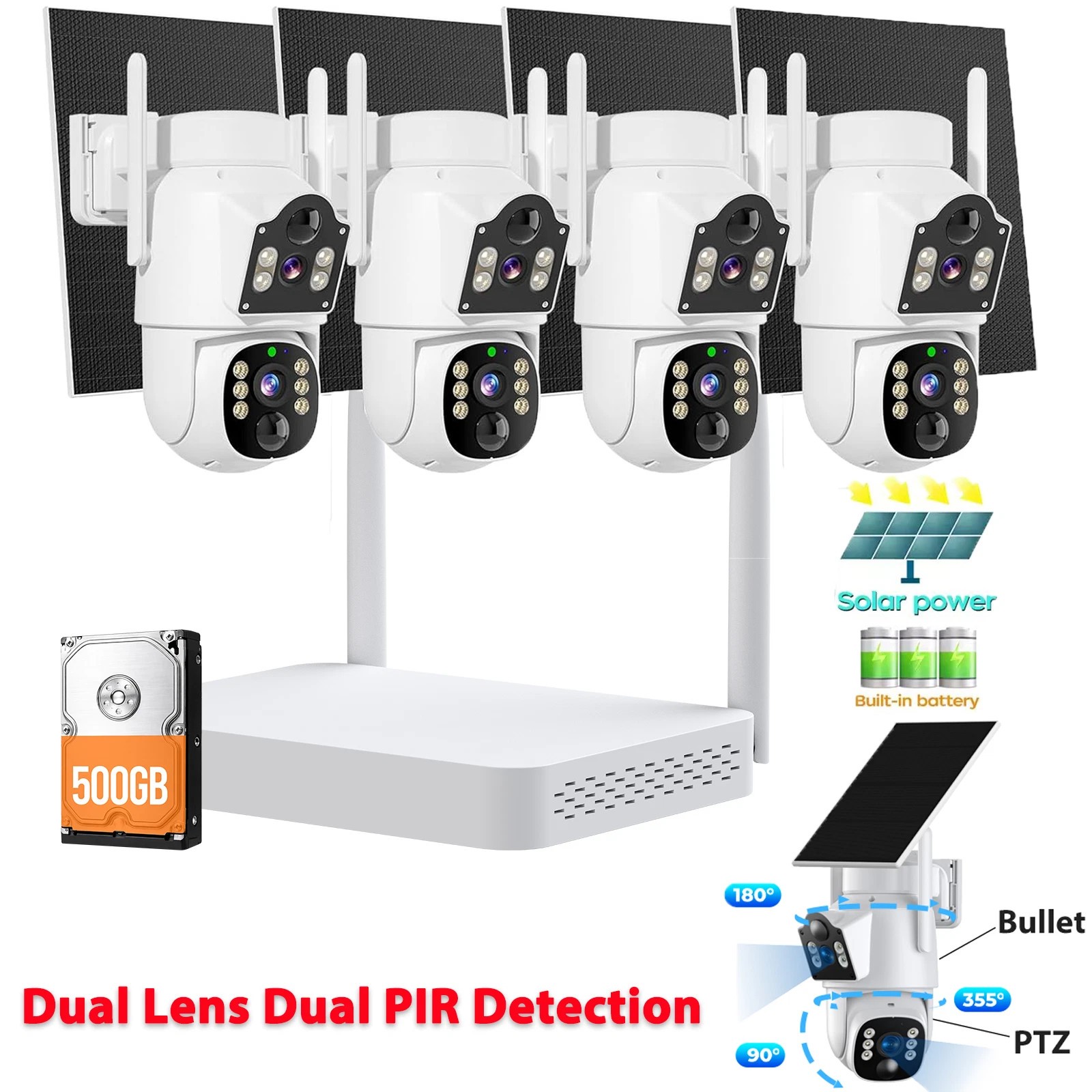 Solar Security Camera System Outdoor Wireless 4 Cam-Kit 4MP Color Night Vision