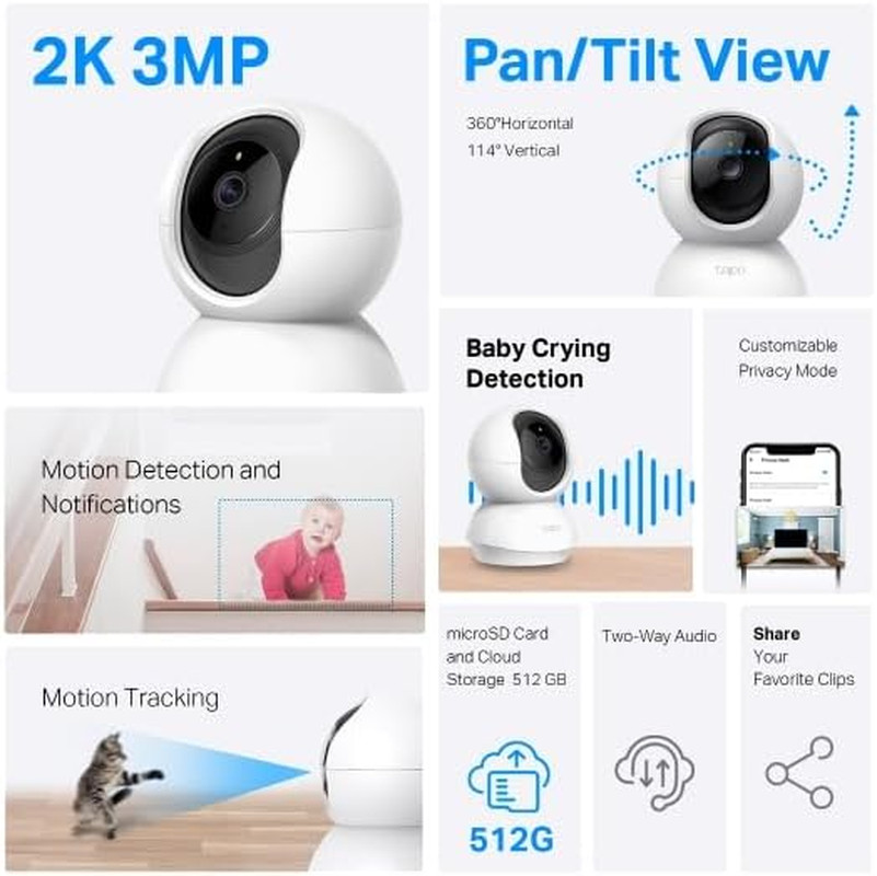 Tapo 2K Pan/Tilt Security Camera for Baby Monitor, Dog Camera W/Motion Detection