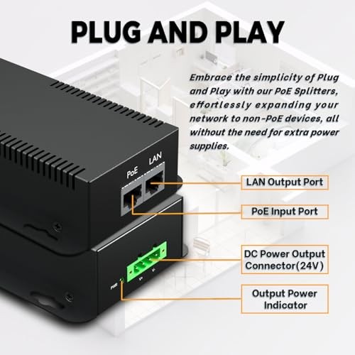 Gigabit PoE Splitter, 24V/2.96A, IEEE802.3 af/at/bt Compliant, 24.0 Volts (DC)