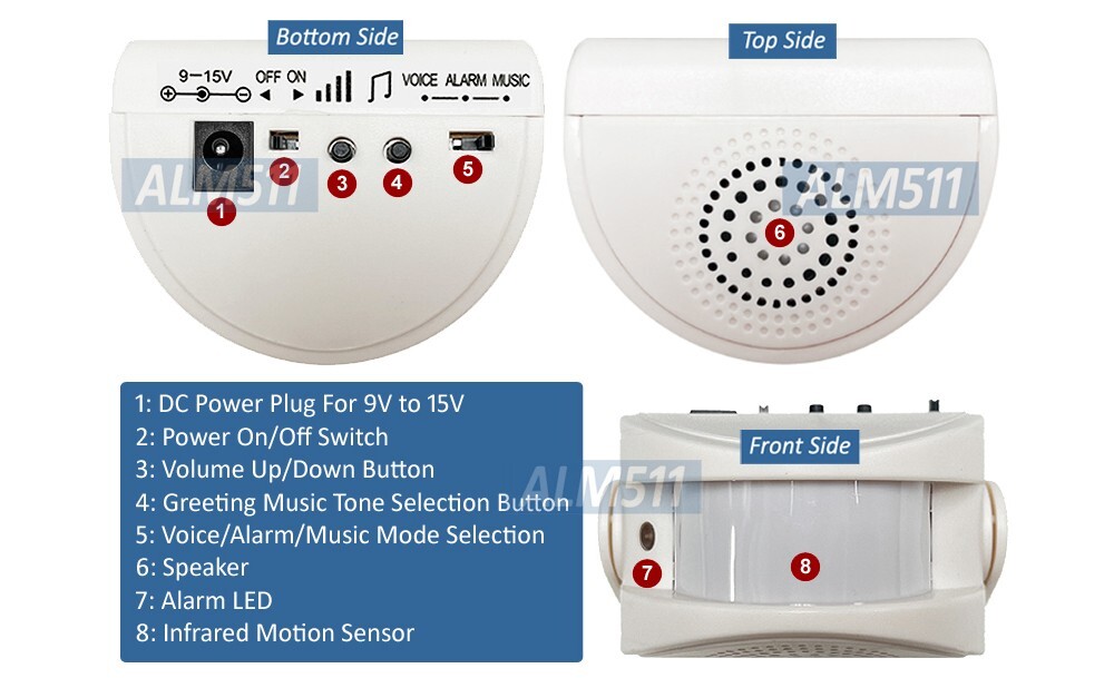 Mini Motion Sensor Alarm Door Chime For Entrance Alert DC Or Battery Operated