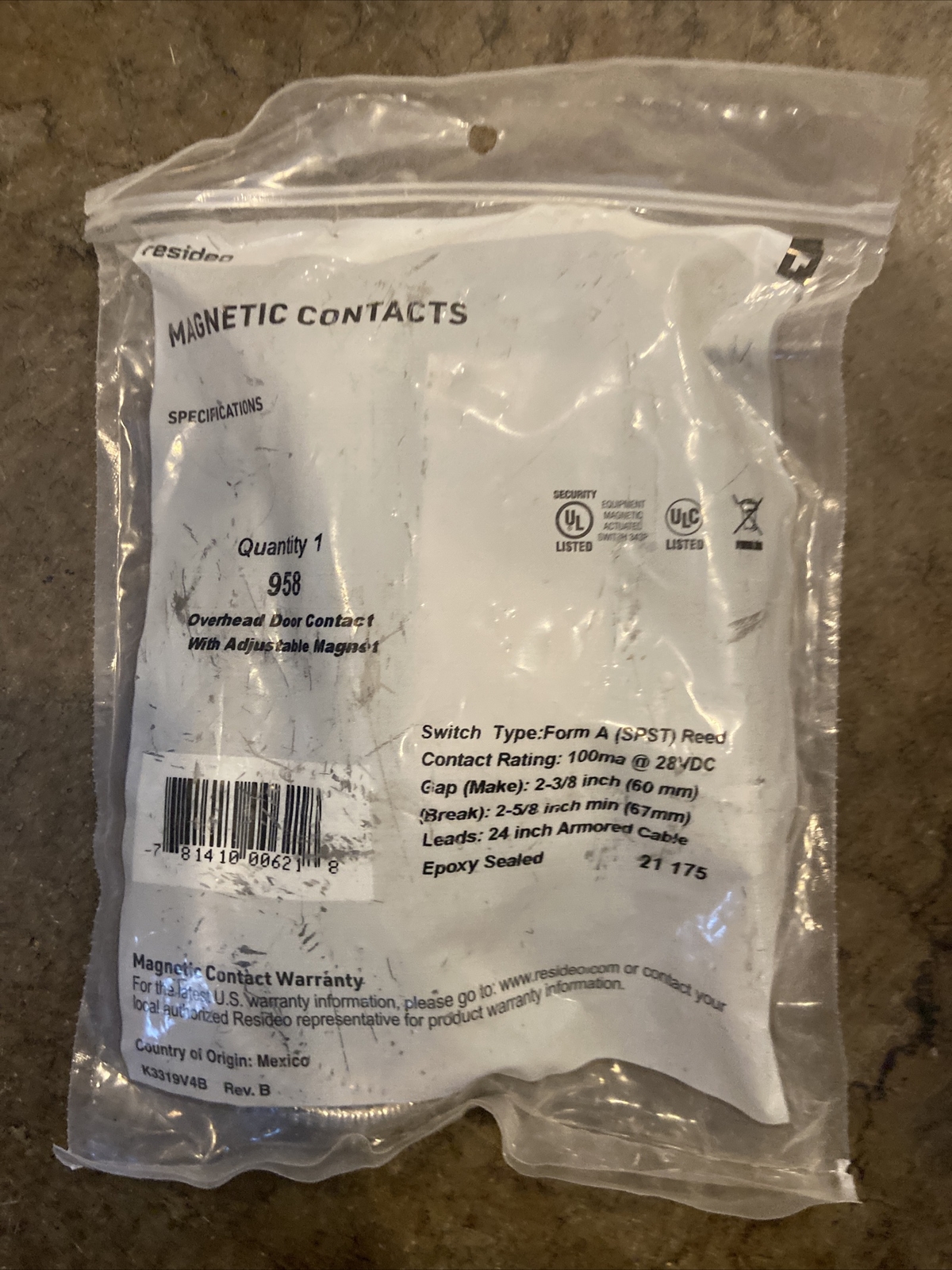 RESIDEO #958 OVERHEAD DOOR CONTACT W ADJUSTABLE MAGNET