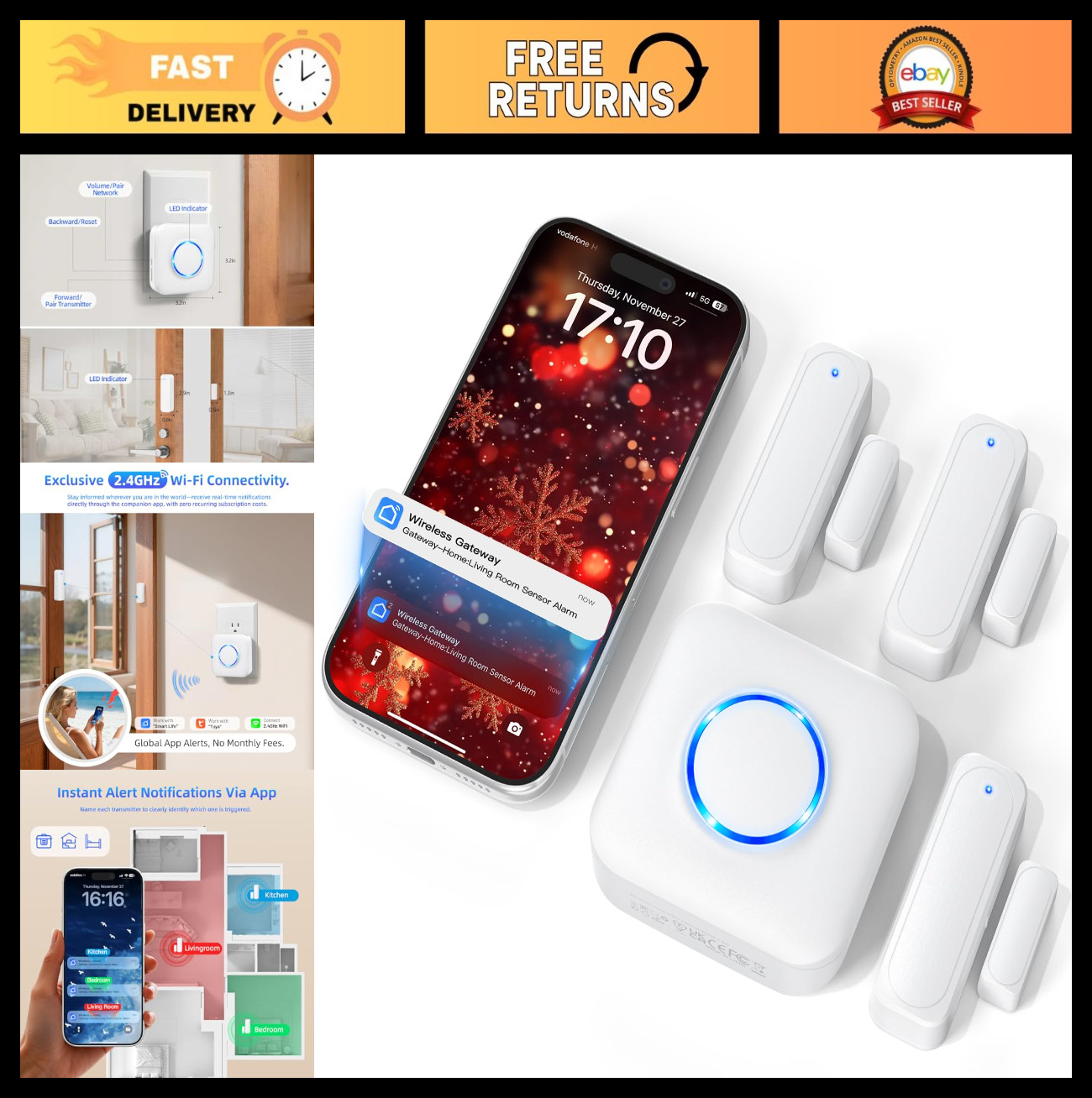 Smart WiFi Door Sensor Chime – Real-Time Alert, 500ft Range, 32 Melodies, Volume
