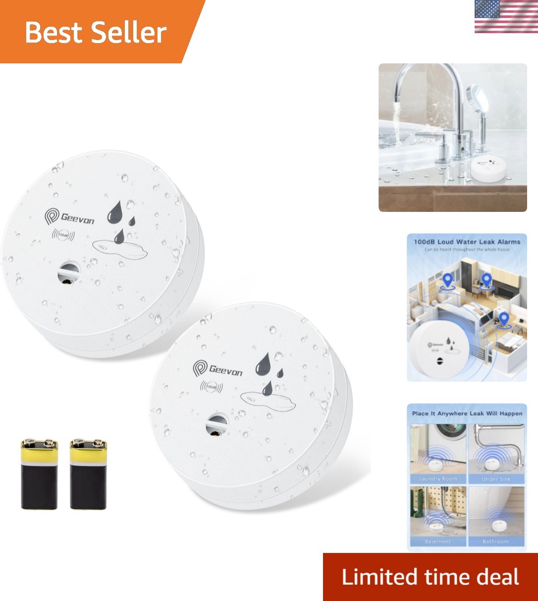 Effortless Water Leak Detection – 2 Pack 100dB Alarms with 9V Batteries Included