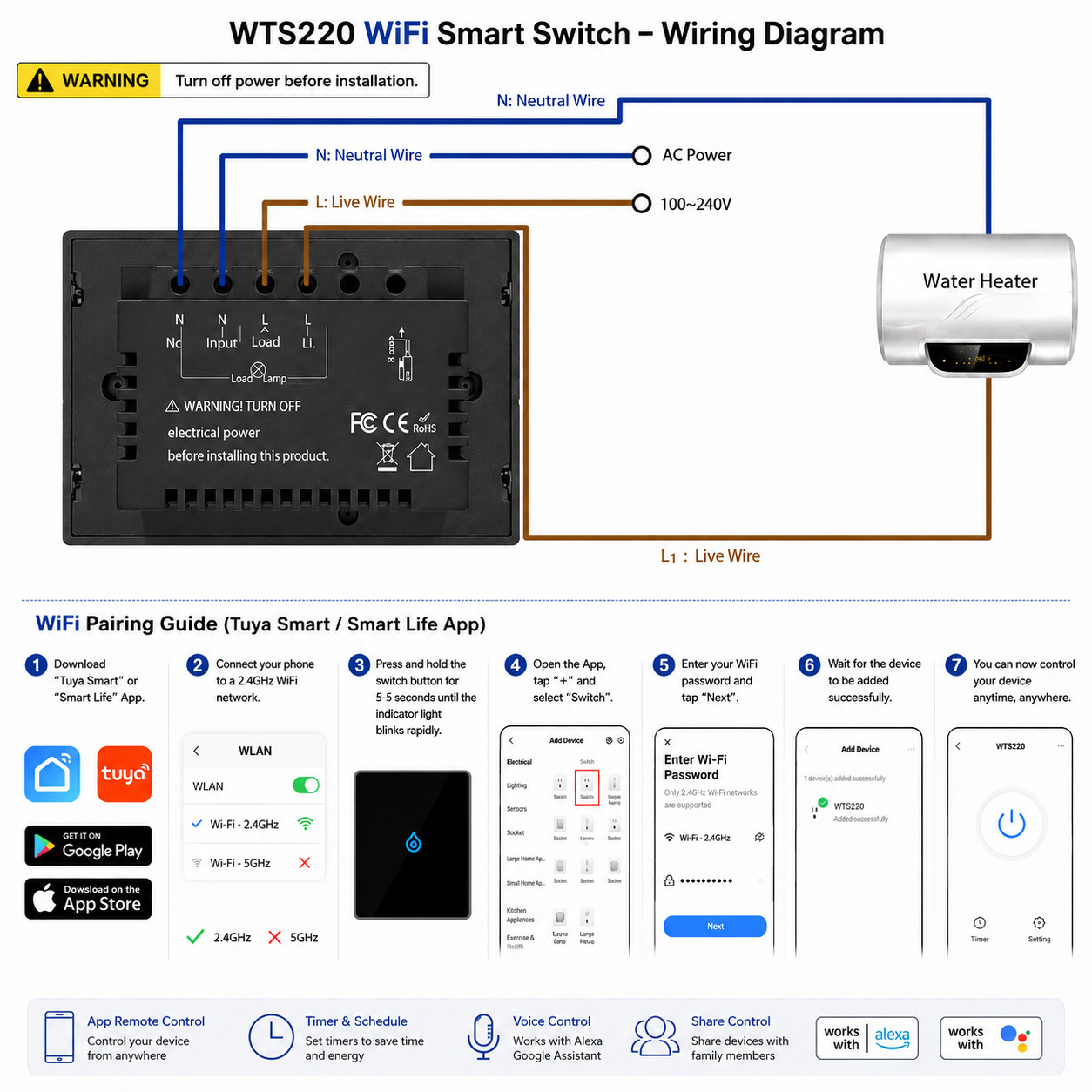 Tuya Smart Boiler Switch Water Heater Homekit Wifi 40A APP Alexa Home Voice Cont