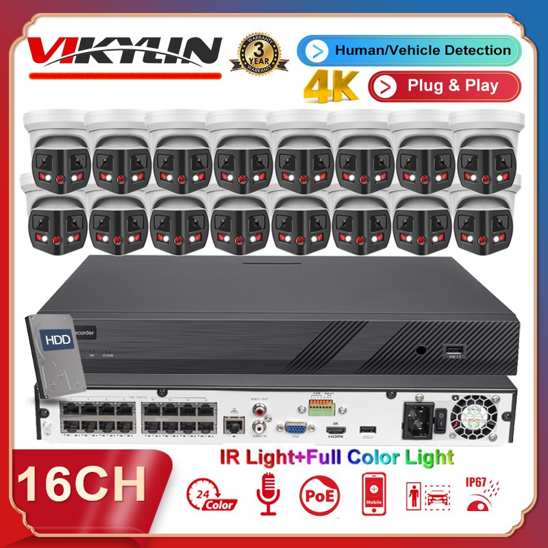 Vikylin 4K 16ch 16POE CCTV System 8MP 180 degree Full Color IR Camera Audio Lot