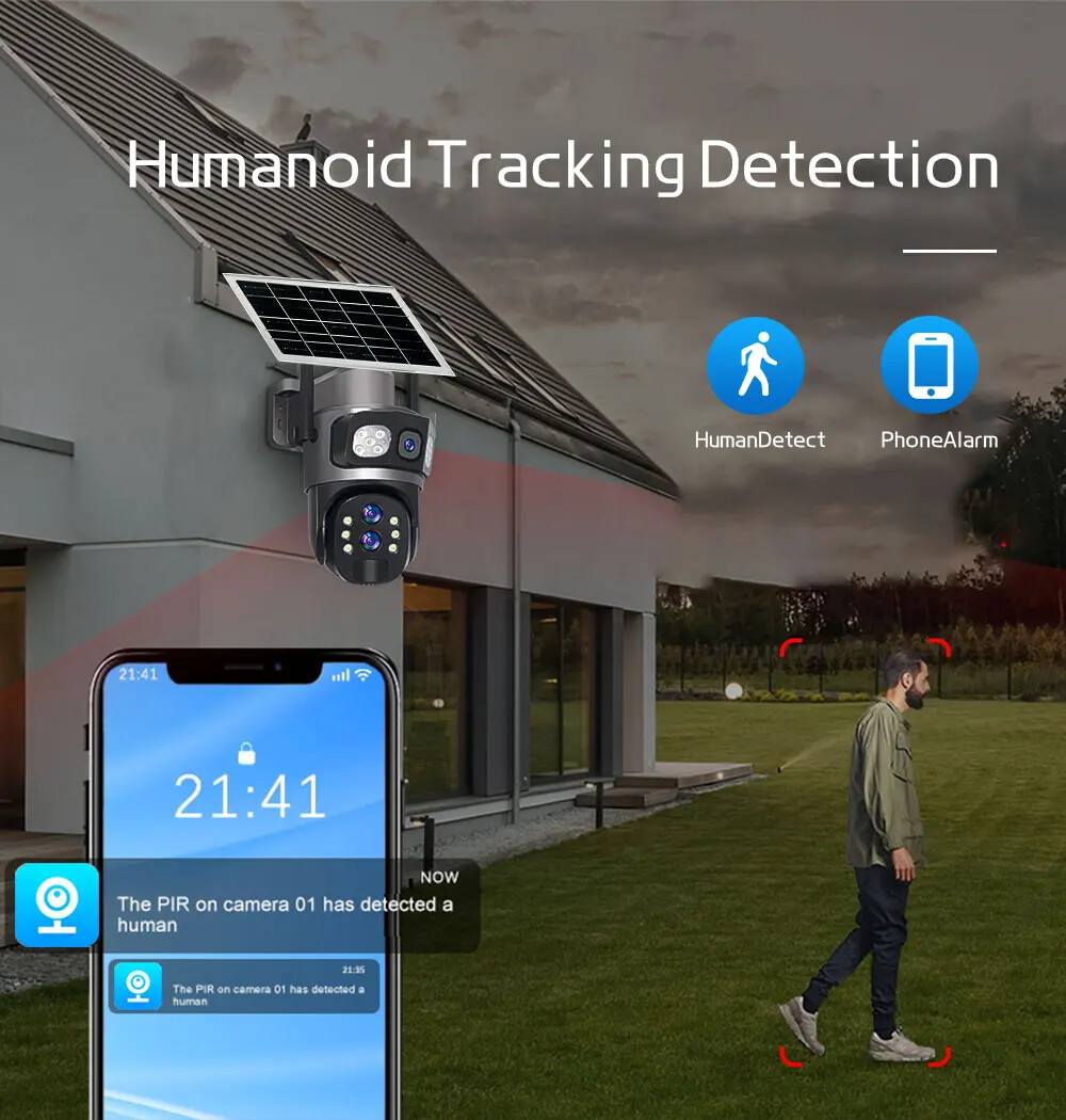 Solar Camera Outdoor 6K 12MP Three Lens Security Human Auto Tracking CCTV Camera