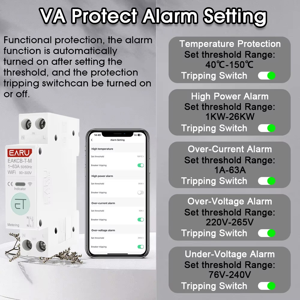 Tuya Wifi Smart Circuit Breaker MCB 1P+N 63A Timer Power Energy Kwh Voltage Curr