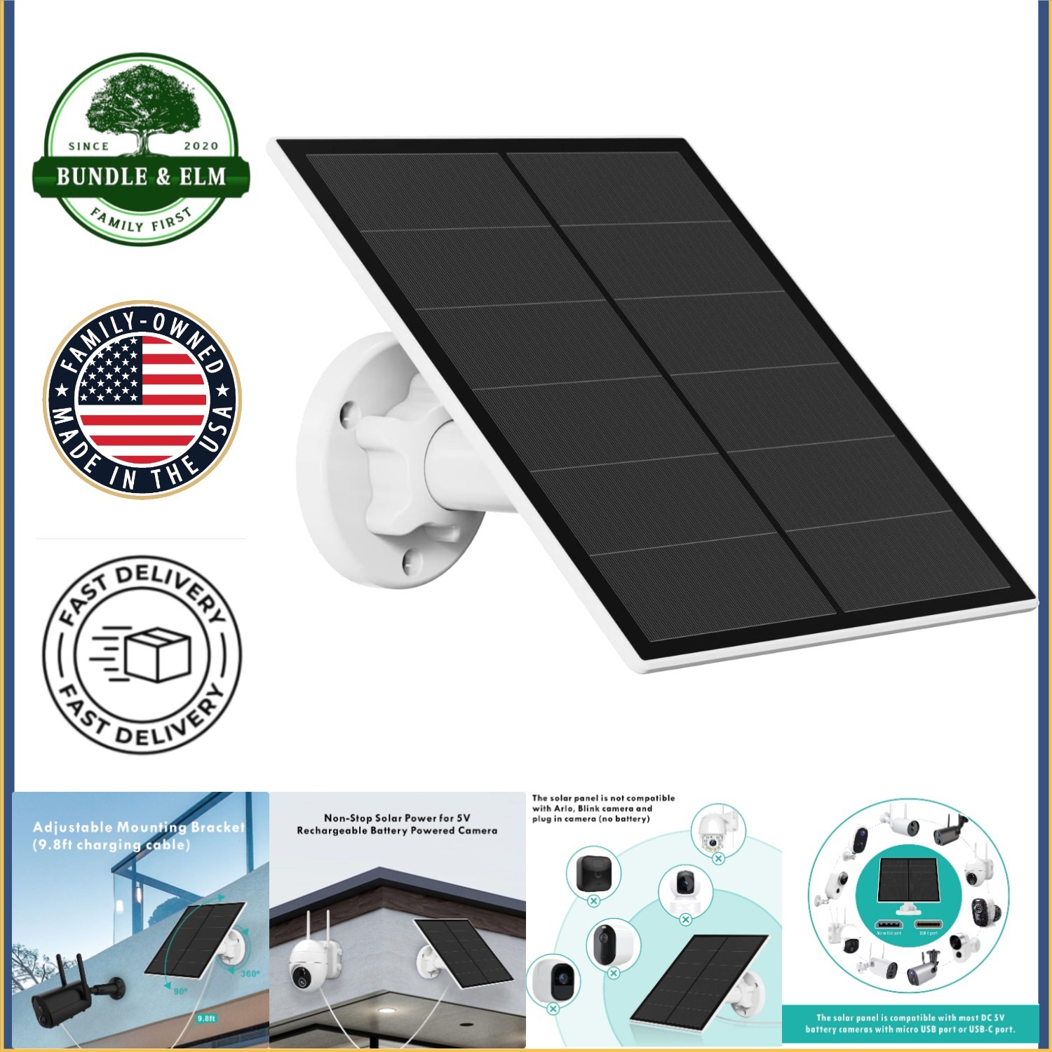 5V USB Solar Panel for Battery-Powered Security Cameras with Waterproof Design
