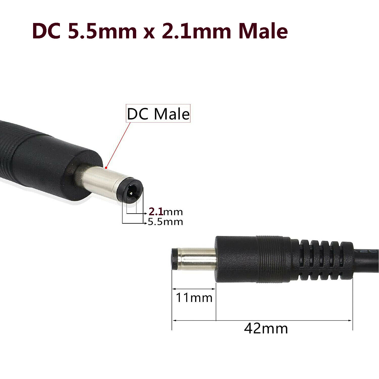 100 CCTV DC Power Plug Jack Connector 5.5mm x 2.1mm Male Socket Cord Cable 18AWG