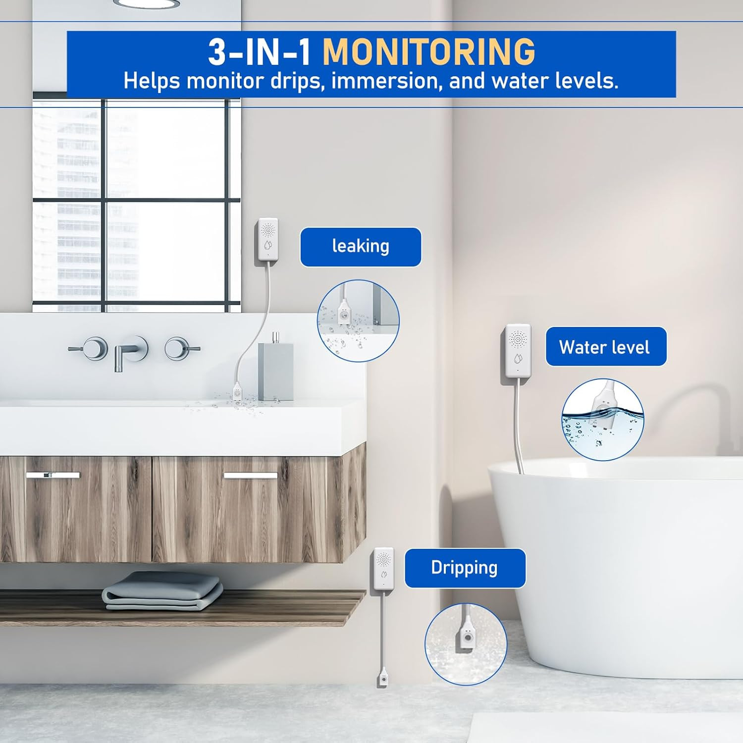 BSEED Wifi Water Leak Detector, Smart Water Sensor with Cable, 85Db Audio/App/Sm