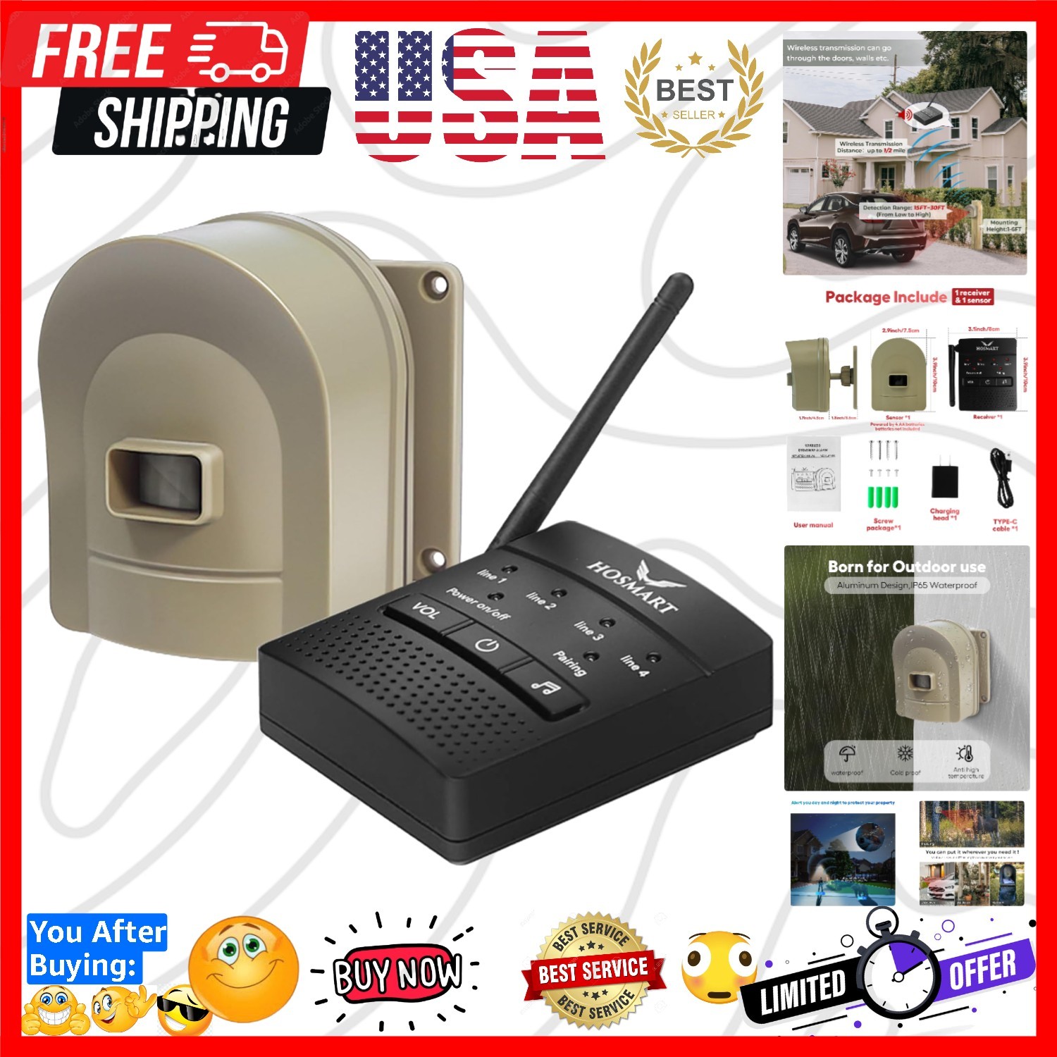 1/2 Mile Hosmart Driveway Alarm Wireless Sensor System & Driveway Sensor Aler…