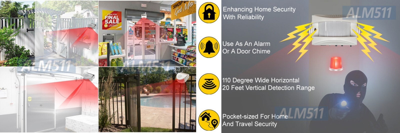 Mini Motion Sensor Alarm Door Chime For Entrance Alert DC Or Battery Operated